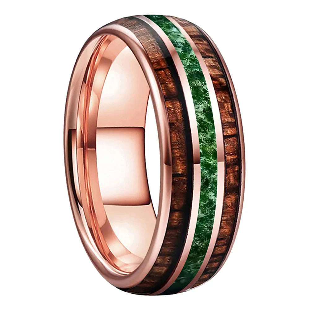 The Wildmoss - Koa Wood and Moss Agate Tungsten Ring - Rose Gold / 8MM / 15