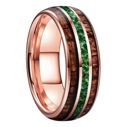 The Wildmoss - Koa Wood and Moss Agate Tungsten Ring - Rose Gold / 8MM / 15