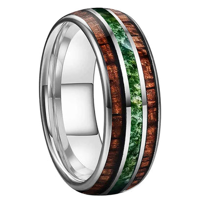 The Wildmoss - Koa Wood and Moss Agate Tungsten Ring - Silver / 8MM / 15